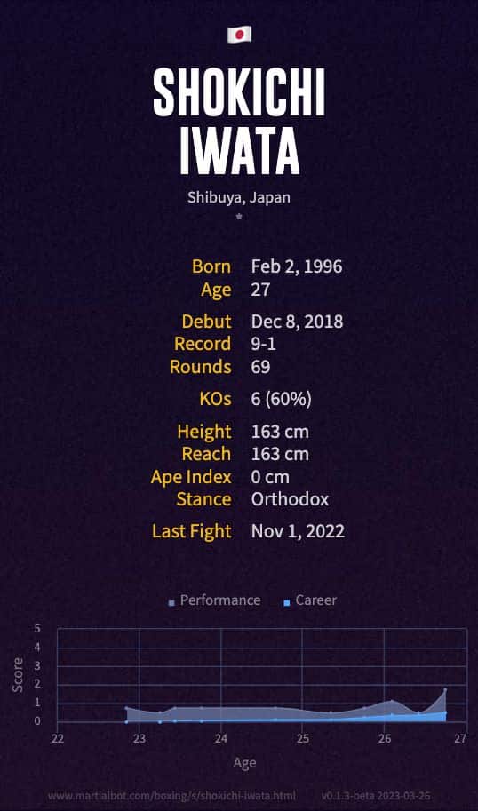 Shokichi Iwata's boxing record and stats summarized in an infographic